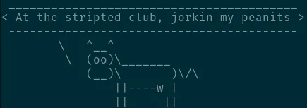 Terminal output of cowsay command with ASCII art cow.